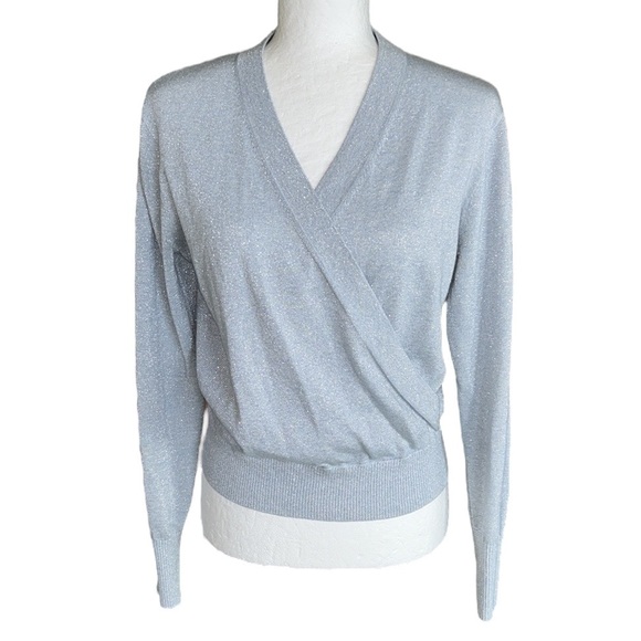 J. Crew Lurex Shimmer Metallic Baby Blue Knit Surplice Wrap Sweater Top - S - Picture 4 of 14